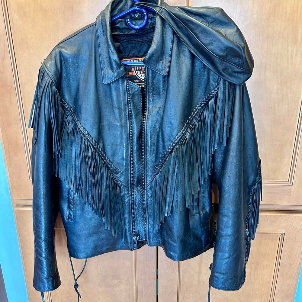 Black Leather Fringe Jacket XL women’s and head wrap